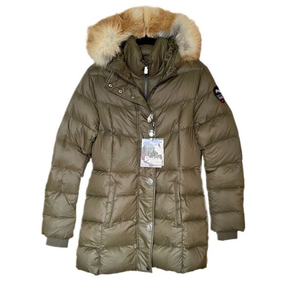 PAJAR CANADA Goose Down Puffer Coat with Fox Fur Hood Military Green Medium NWT - Picture 4 of 16